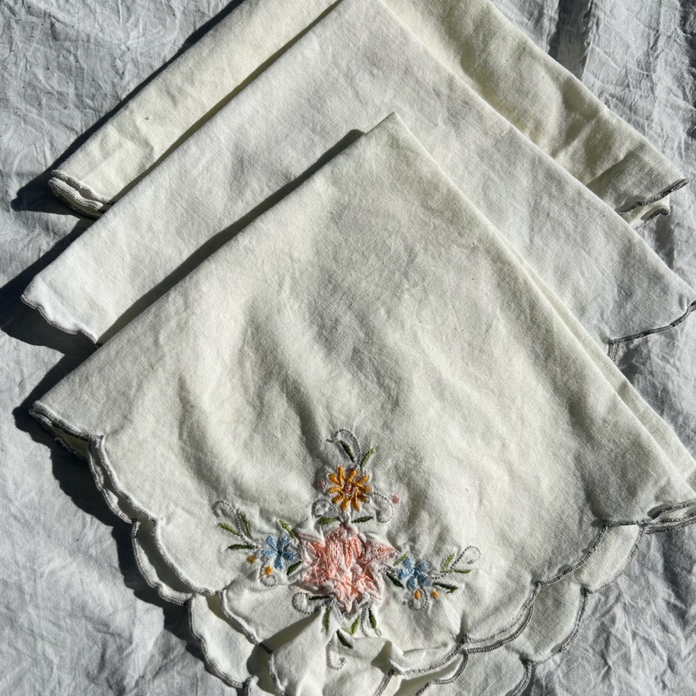 Set Of 3 Vintage Floral Embroidered Linen Napkins